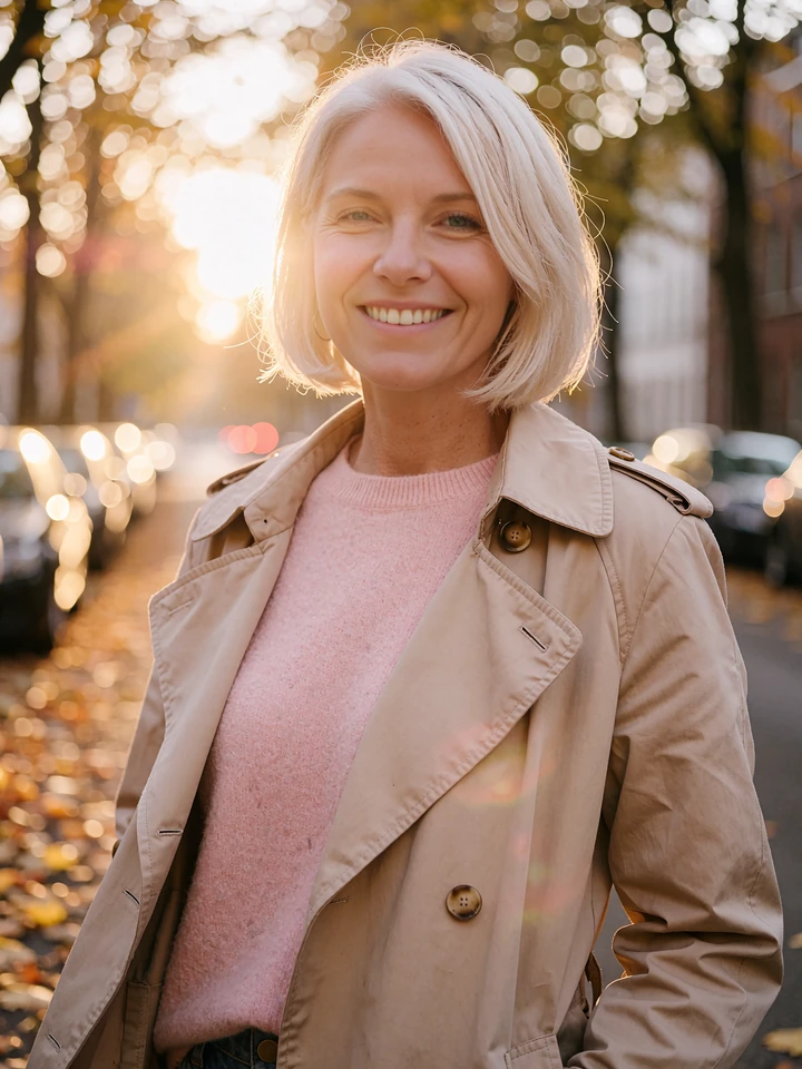 Woman with a platinum-blonde bob and beige trench coat on a leafy street, an example of singles near you