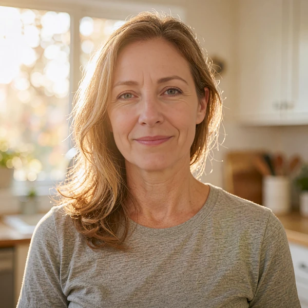 Woman in her forties with honey highlights in a grey tee, a sample match for a divorced man starting to date again