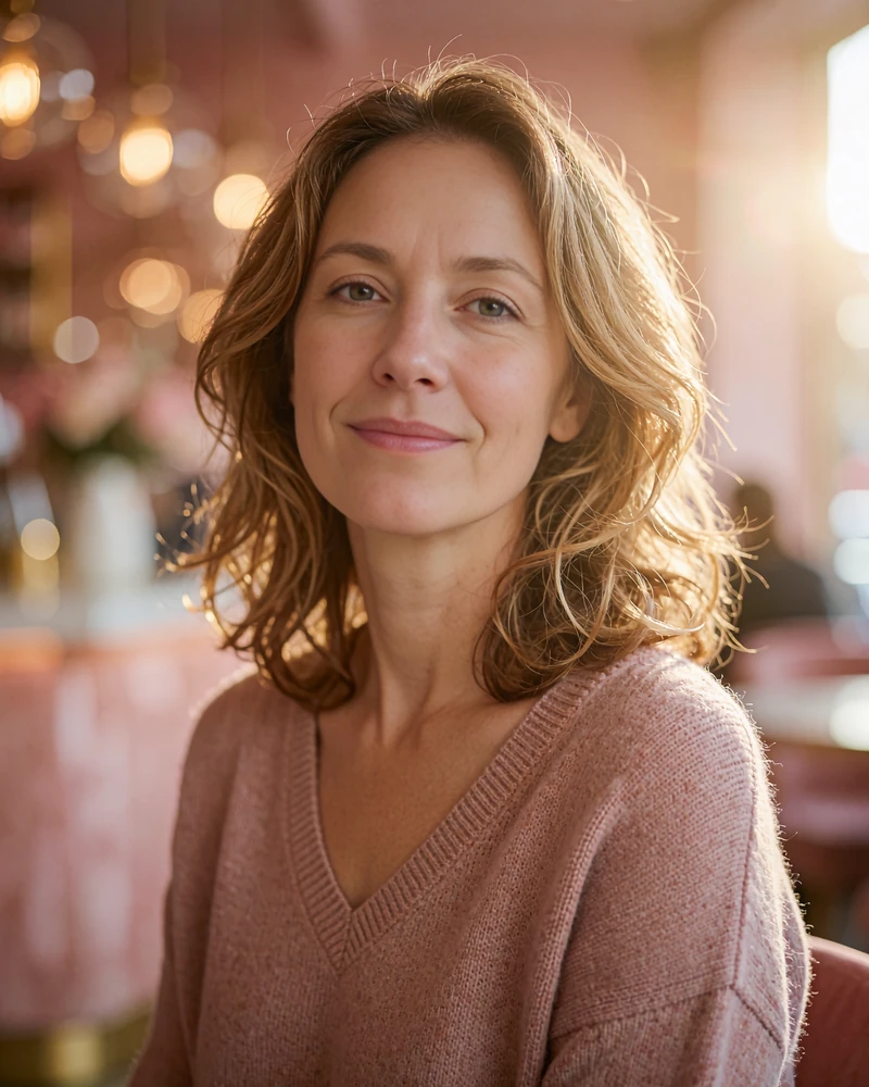 Woman with light-brown waves in a dusty-rose sweater smiling softly, representing singles you may meet online