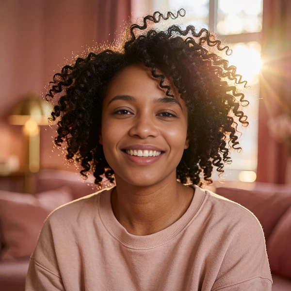 Black woman with natural curls in a blush sweatshirt smiling, an example profile a late-night shift worker might see
