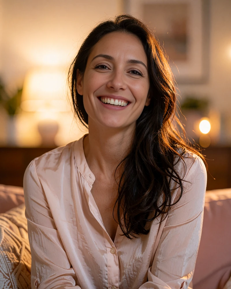 Dark-haired woman in a pale blush blouse with a wide smile, illustrating real-looking dating profiles in the USA