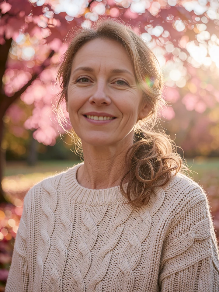 Woman around forty in a cream cable-knit sweater smiling in an autumn park, a profile preview for men over 40