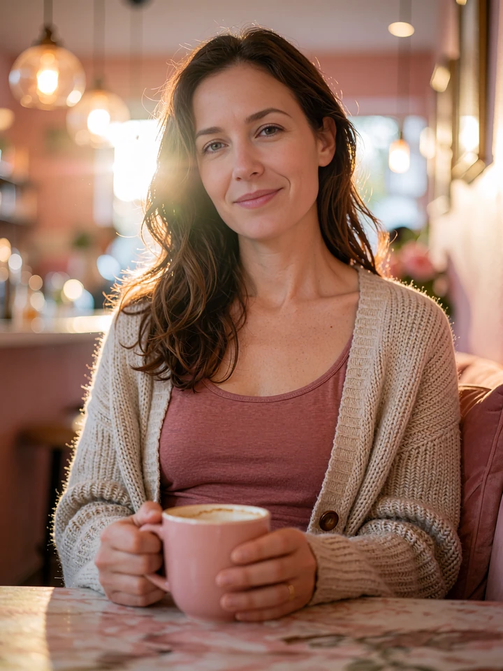 Brunette woman in an oatmeal cardigan holding a coffee mug, an illustrative dating profile for serious relationships
