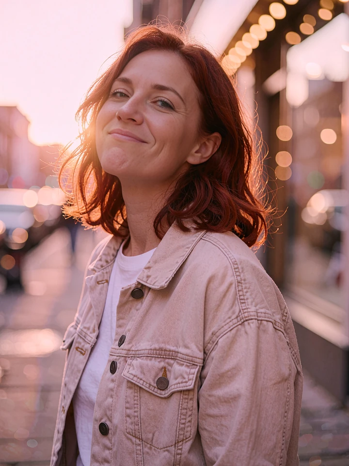 Auburn-haired woman in a denim jacket smiling over her shoulder, a preview of who's online on Ihappydate
